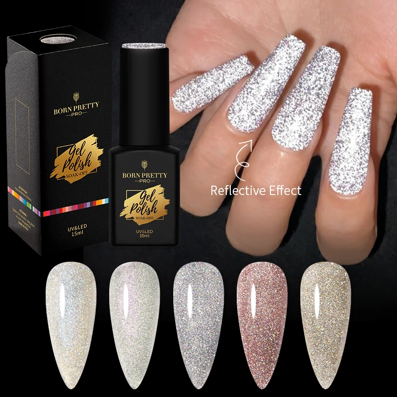 

BORN PRETTY PRO Reflective Glitter Gel Polish 15ml Semi Permanent Nail Art Gel Uv All for Manicure, 10 colors optional