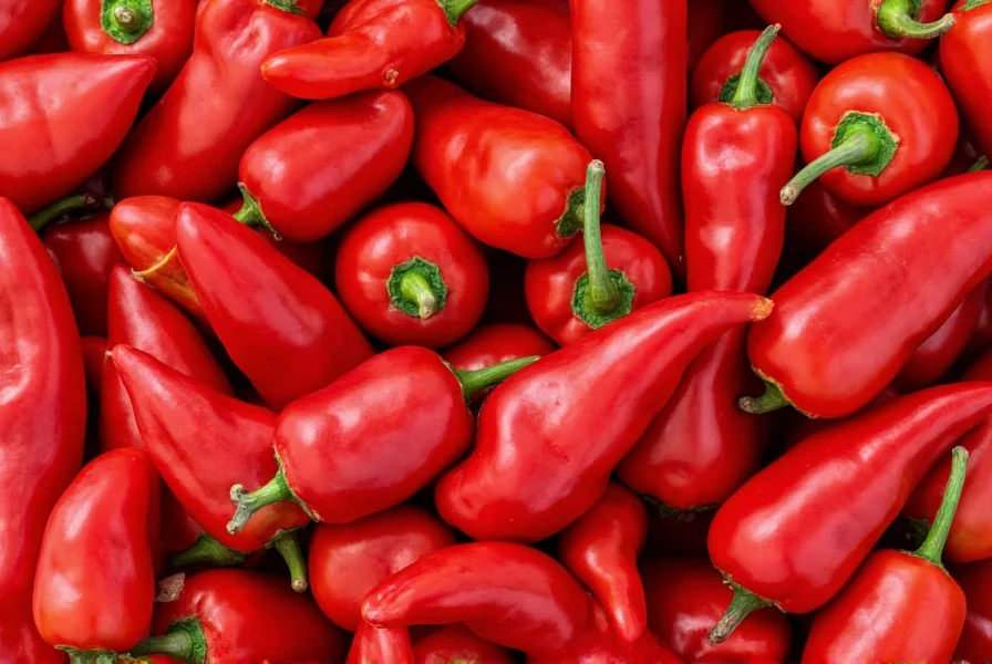 Close-up comparison of various red pepper varieties showing different shapes, sizes, and textures for visual identification guide