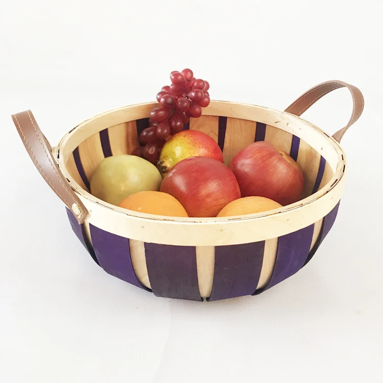 

Renel Cheapest Price Wooden Wholesales Fruit Wood Basket with Leather Handles