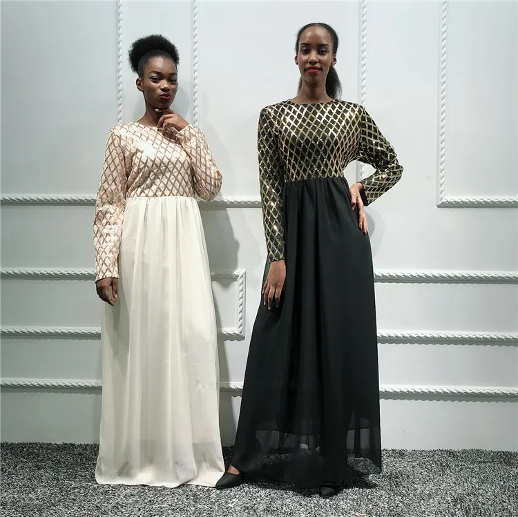 

Shining sequin chiffon Muslim long sleeve maxi dress for women, Black,beige