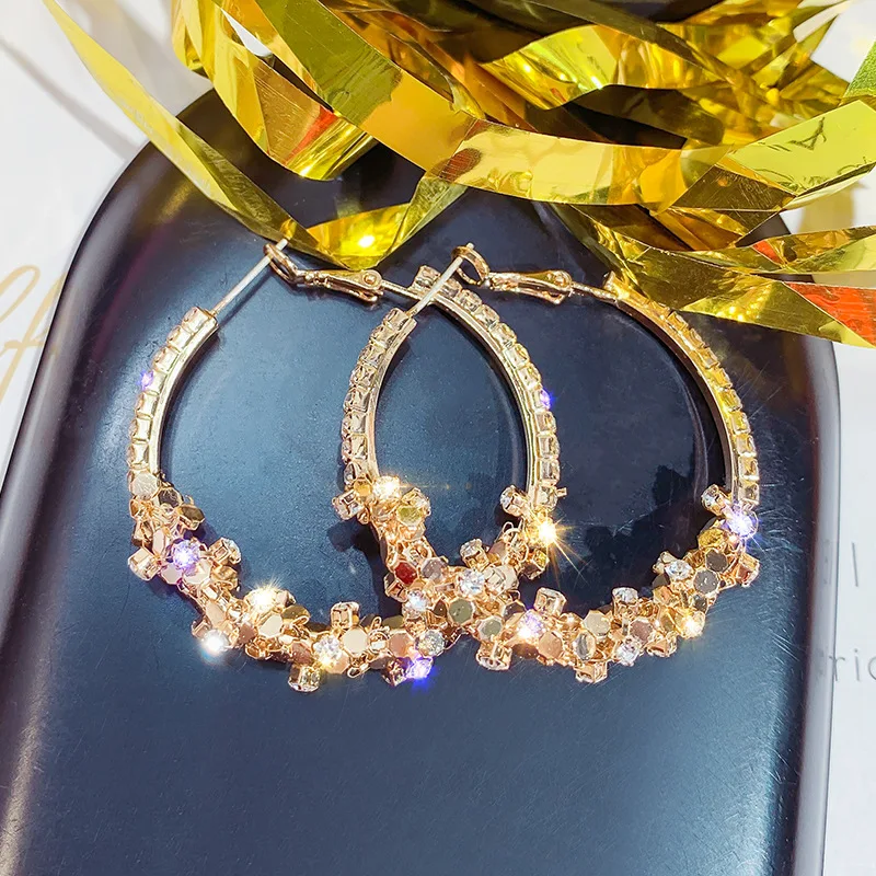 

large 14k gold plated big crystal charm earrings women hoop