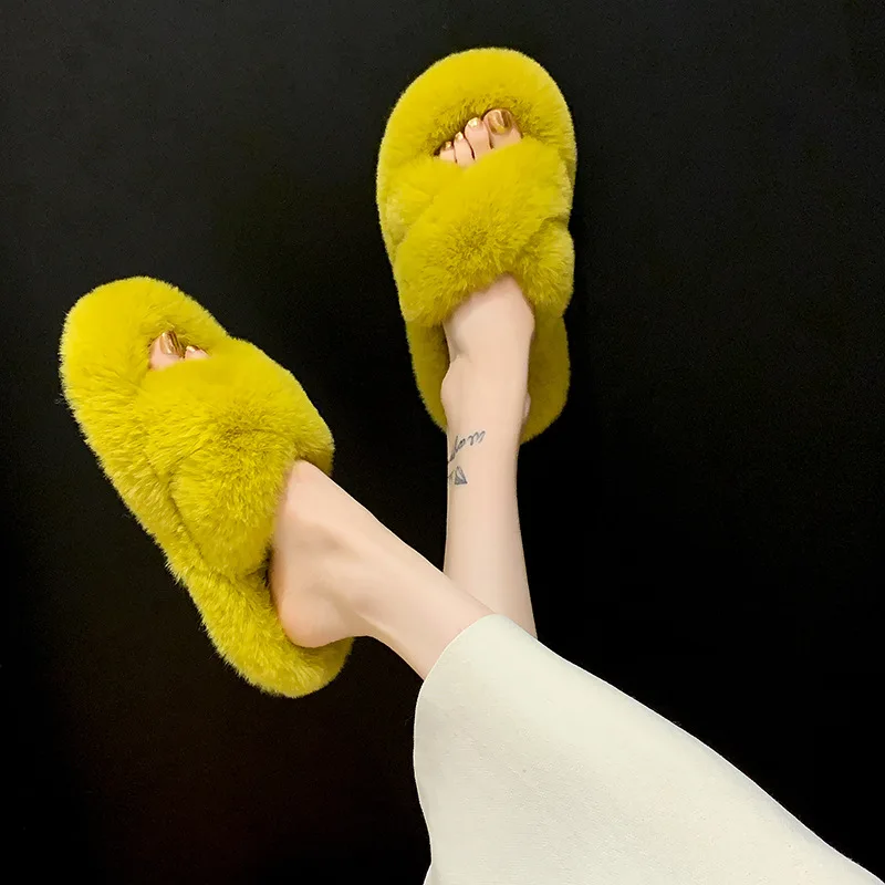 

Winter Fashion New Ladies House Fuzzy Slippers Warm Shoes Woman Slip Fur Flats Female Faux Fur Flip Flops