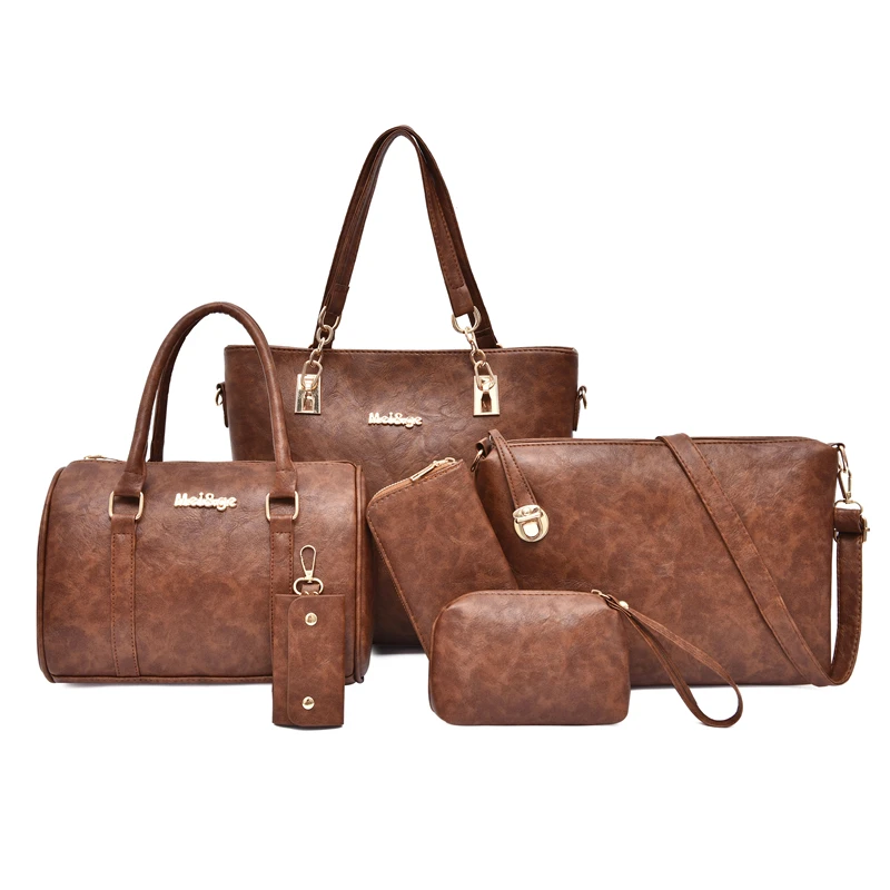 

New model pu leather Metal logo 6 piece set tote bag hand bag handbag with custom color, Red/brown/gray/pink/black