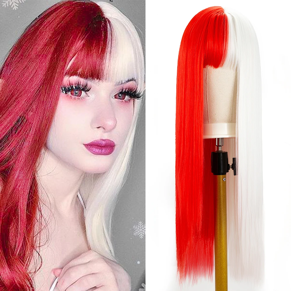 

Retail Half Red Half White Anime Wigs With Bangs Long Silk Straight Wigs Synthetic Cosplay Costume Halloween Party Wigs For Gril, 11 colors