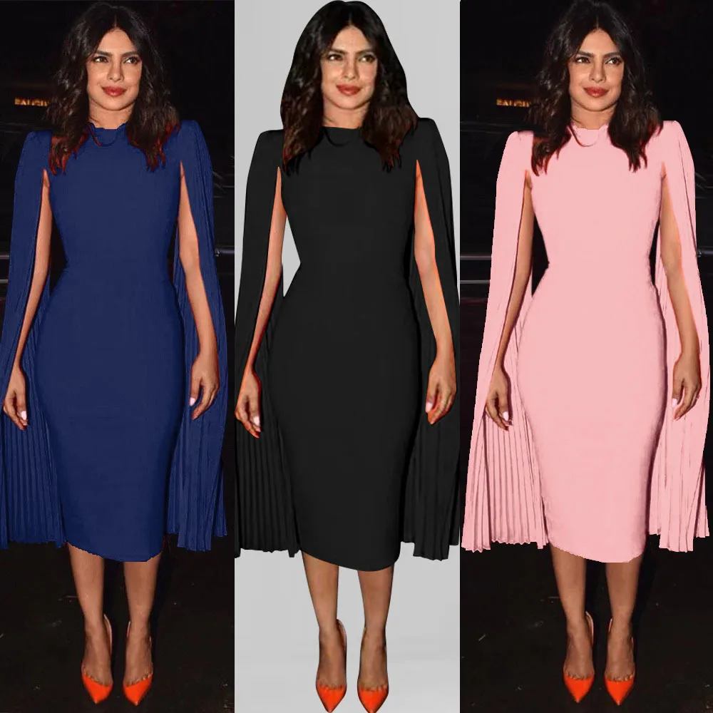 

Women Elegant Pure Color Slim-fit Bag Hip Pencil Dress Pleated Shawl Temperament Queen wysbaoshu Banquet Evening Dress