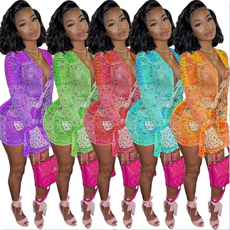 

O0006-womens summer 2021 long sleeve deep v-neck paisley dresses women mesh sexy dress