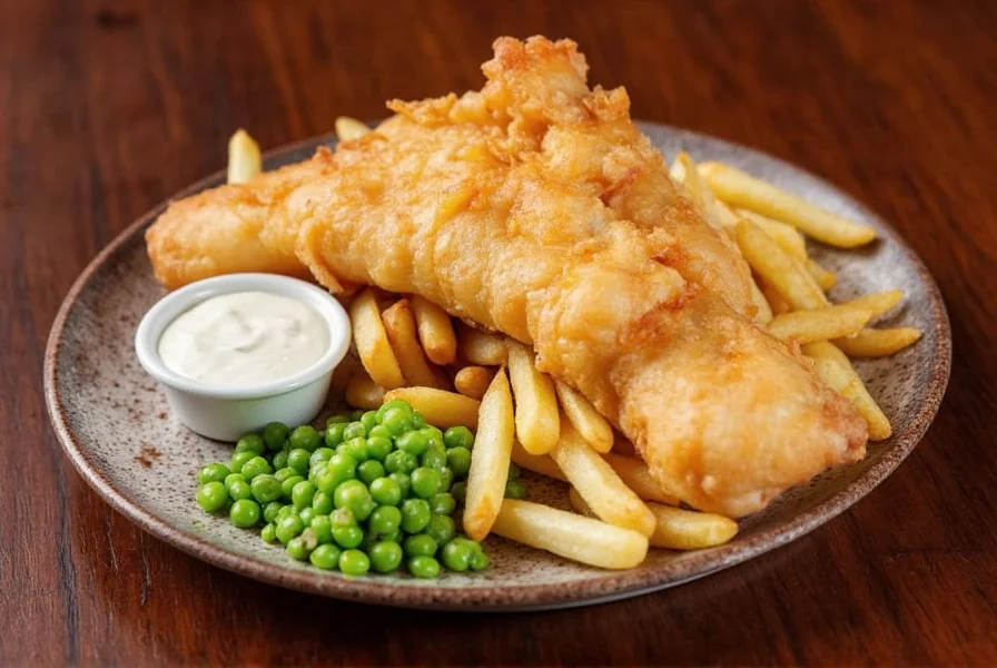 Traditional British pub meal featuring fish and chips, mushy peas, and tartar sauce served on a ceramic plate at Pepper Mill Pub