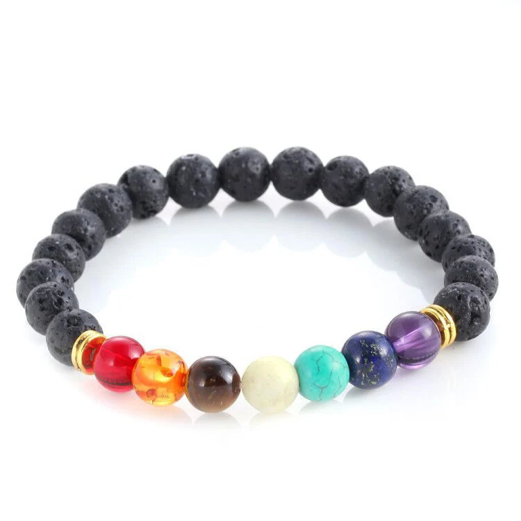 

8mm Beaded Natural Balance Essential Oil Diffuser Yoga Valconic Healing Energy Lava Stone 7 Chakra Bracelets Bangles