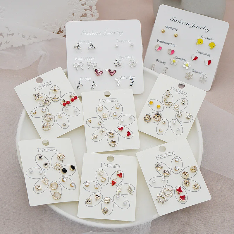 

S925 Silver One Week Mini Earrings Set Lovely Star Leaf Heart Stud Earrings For Women Girls 6 Pairs/set Daily Wedding Party Gift, 8 design available