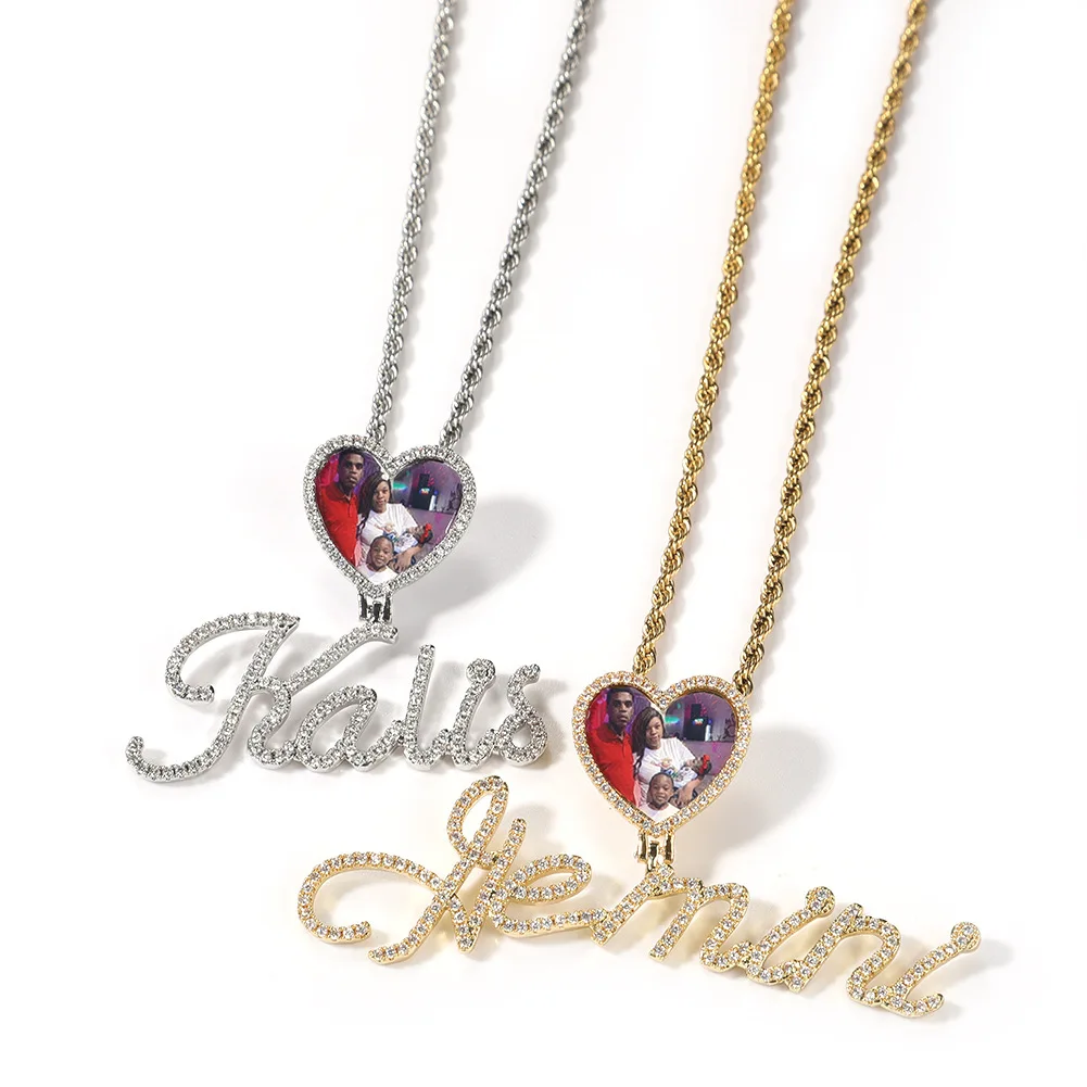 

2021 New Diy Custom Name And Picture Heart Shape Pendant Necklace Hip Hop Jewelr Brass Iced Out Cz Bling Personalized Necklace, Many colors available