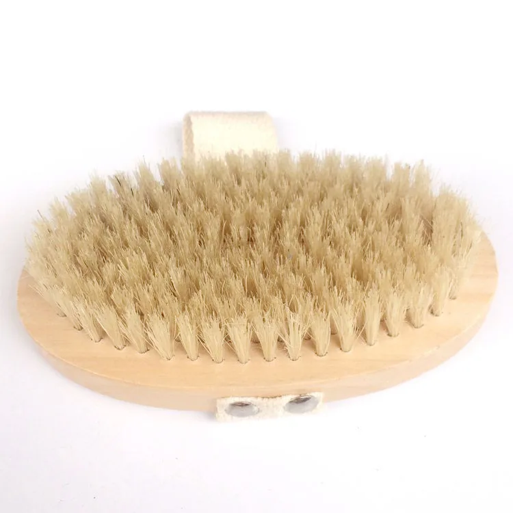 

Sisal bristle dry skin wooden bath body brush with strap, Wood color