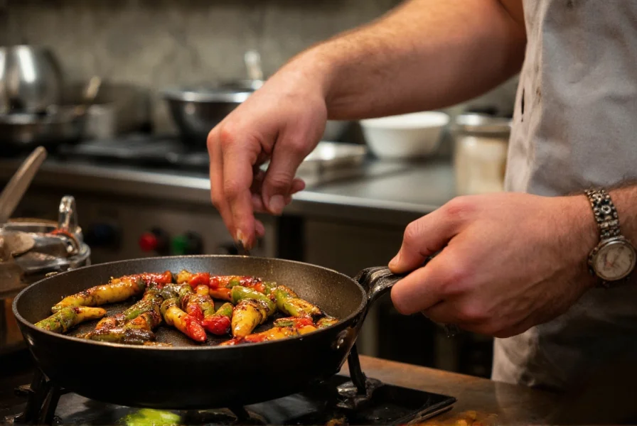 Chef preparing blistered shushito peppers in a restaurant kitchen with cast iron skillet