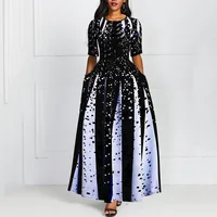 

Womens o-neck long sleeve floral printed a line casual long maxi dress