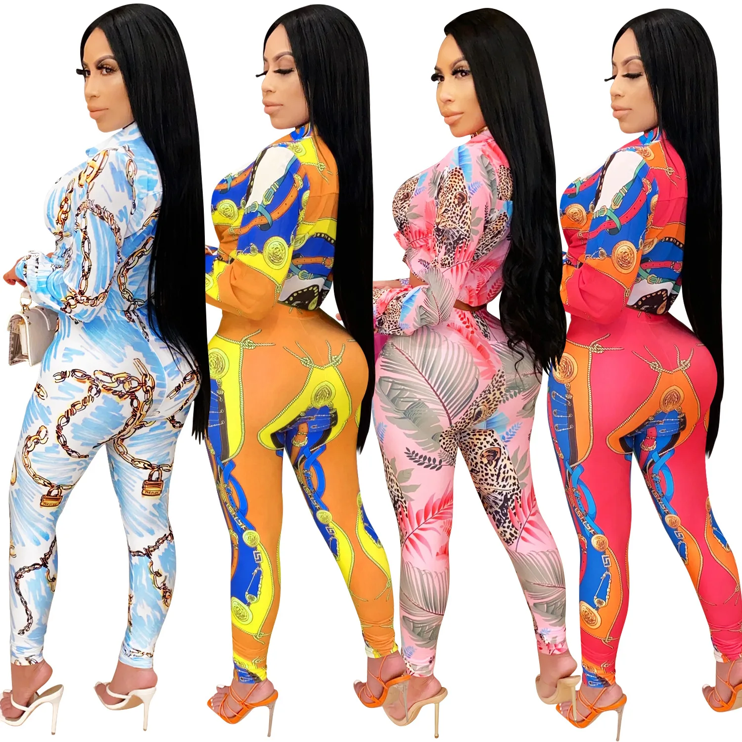 

Autumn winter digital print waist down business long sleeve sexy club casual suit women, Picture color