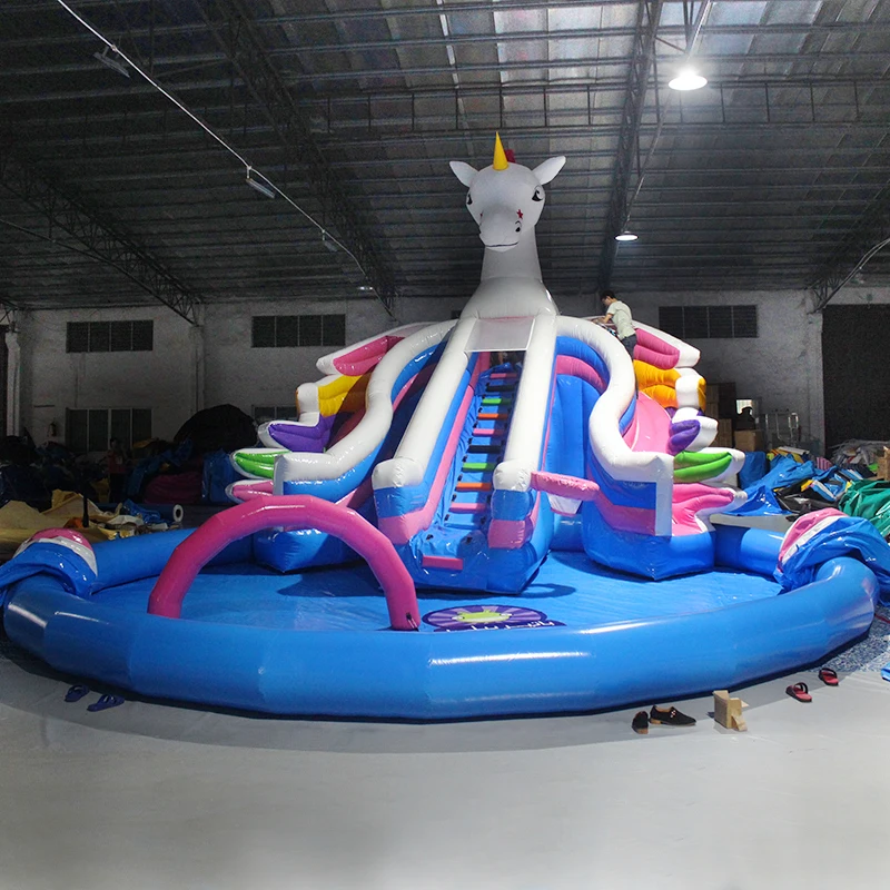 

Cartoon uncorn inflatable water slides with pool for kids aqua water park equipment inflatable commercial water park, Customized color