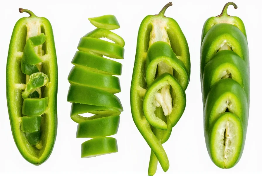 Close-up comparison of different green pepper cutting styles: diced, julienne, rings, and wedges