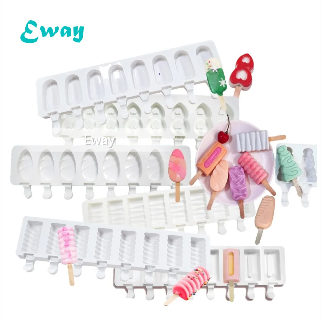 

2021 New Design Food Grade 8 Cavity Cartoon Popsicles tray molds silicone Ice Cream Tools, White