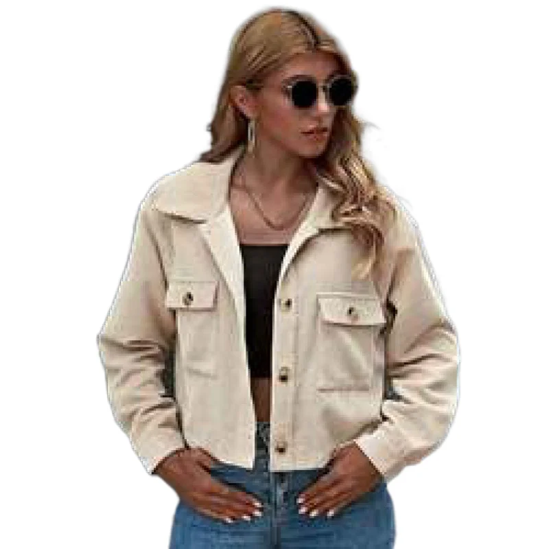 

2022 Wholesale Spring/Fall Women's Jackets & Coats Button Front Patch Pocket Long Sleeve Crop Casual Jacket, Picture showns