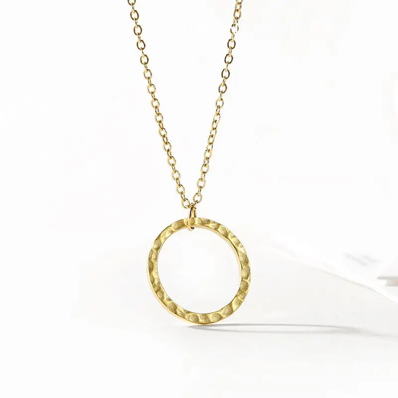 

New Brushed Forever Circle Hammered Long Chain Trendy Gold Plated Circle Necklace Pendant