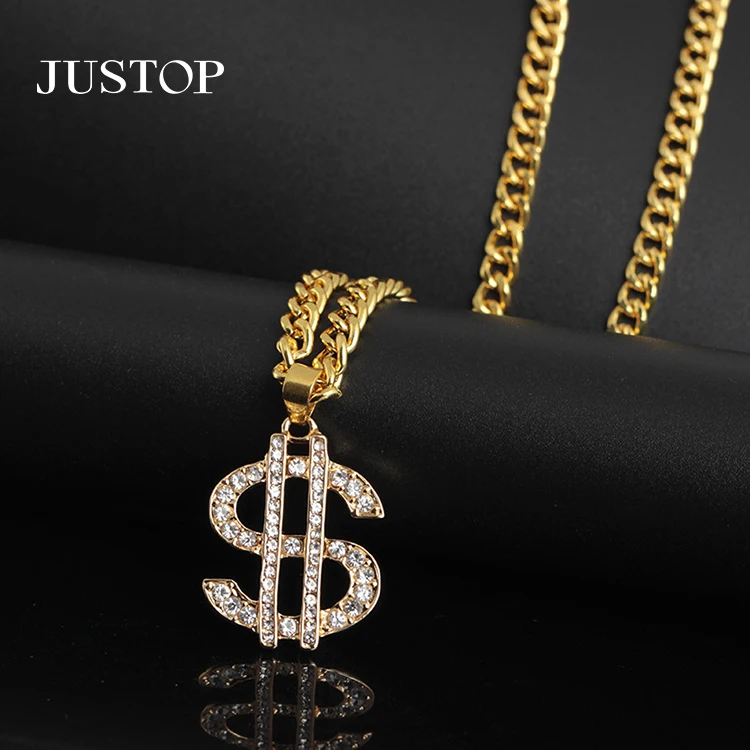 

Punk Luxury 18k Gold Plated Chain Dollar Sign Pendant Necklace Shiny Zirconia American Money Sign Necklace For Male