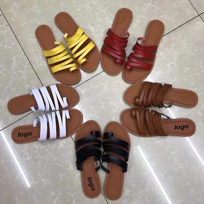 

FE-06 2021 high quality boutique brown PU leather flip flops slides for women summer plain multi- cross strap beach flat sandals, Picture show , squine colors