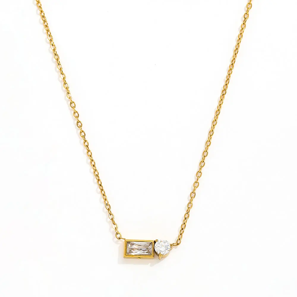 Joolim 18K Gold Plated Non Tarnish Cubic Waterdrop Rectangle Round Double Zirconia Joint Pendant Stainless Steel Necklace