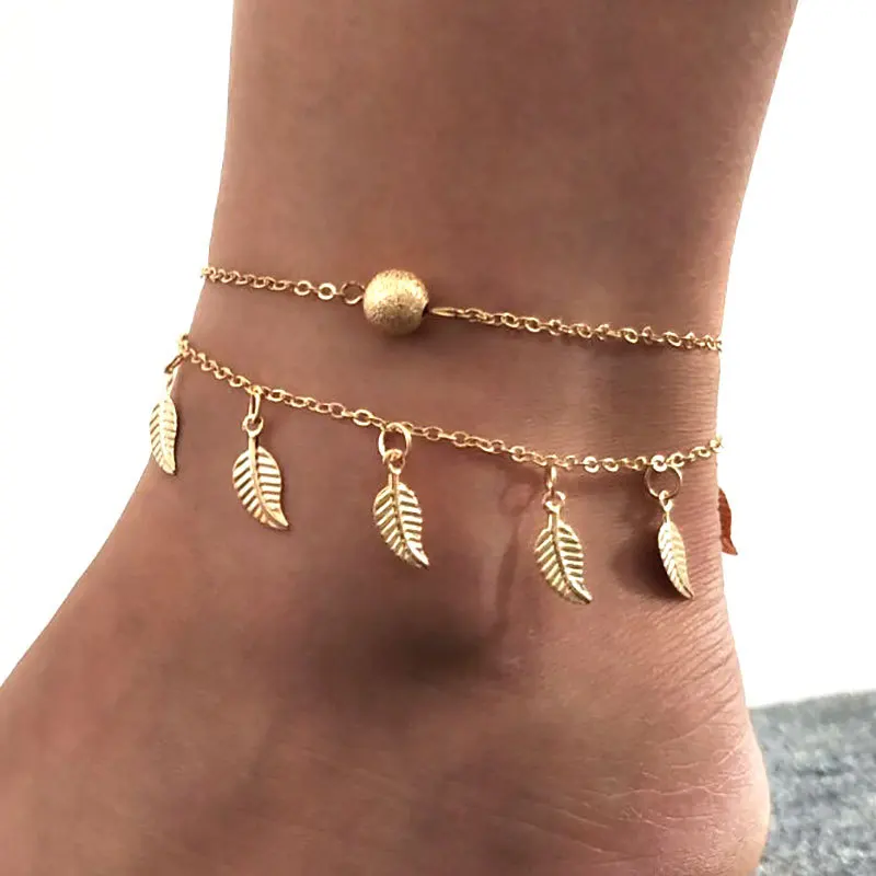 

Hot Selling Beach Style Leaf Silver Anklet Double Layer Tassel Women Gold Plated Leaf Anklet, Gold silver