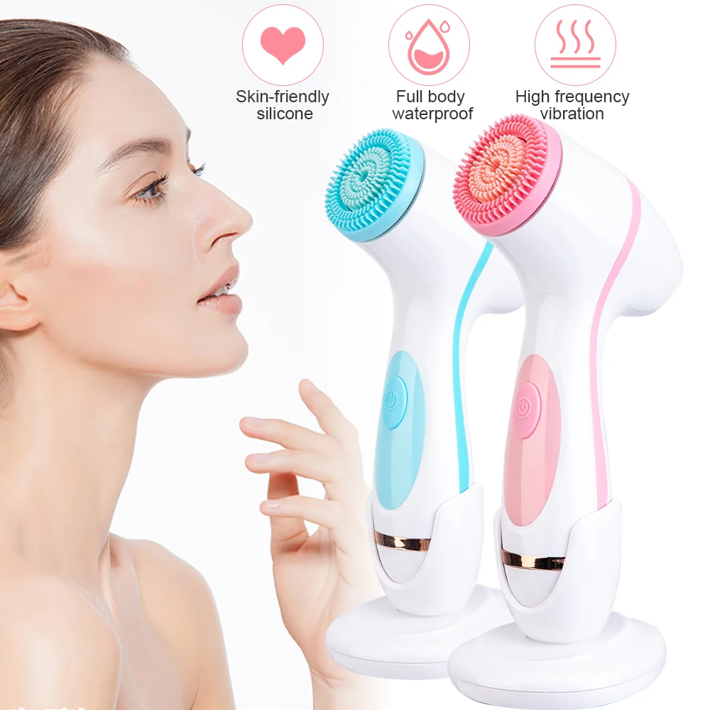 

Professional Battery Operate Double Rotating Soft Brush Head Electric Silicone Facial Cleansing Brush With 3 Brush Heads