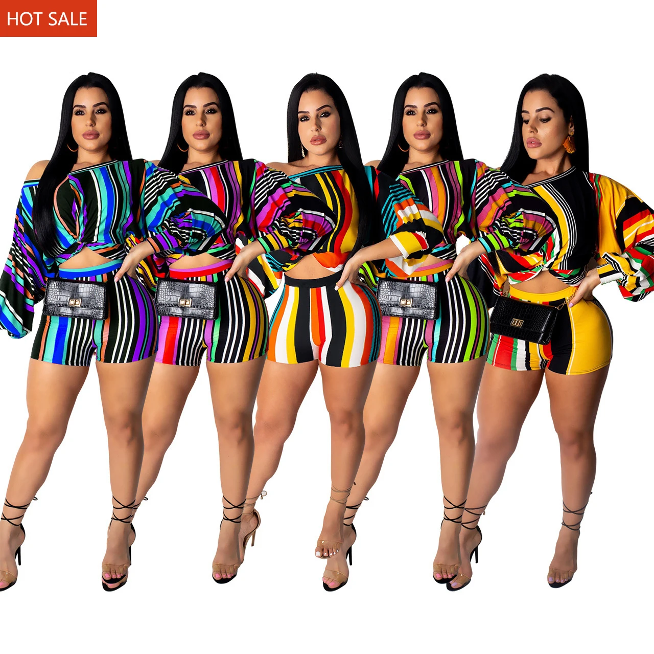 

Casual plus size crop top colorful striped puff sleeve women two pieces set