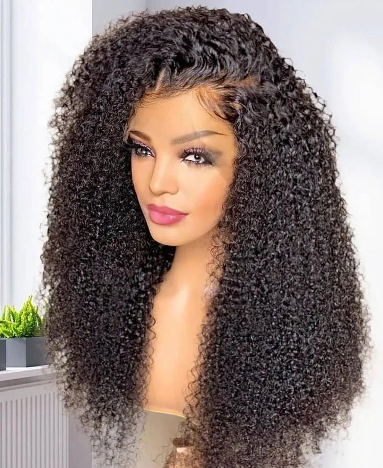 

Afro Kinky Curly Human Hair Wigs With Baby Hair Pre Plucked Women Indian Raw Remy Glueless Natural Black 13X4 Lace Front Wig