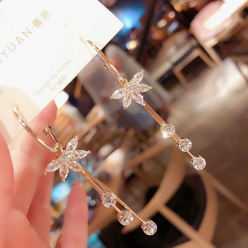 

JUHU New S925 Fashion Ice Flower Tassel Earrings Korean Temperament Net Red Personality Joker Silver Needle Earrings Female