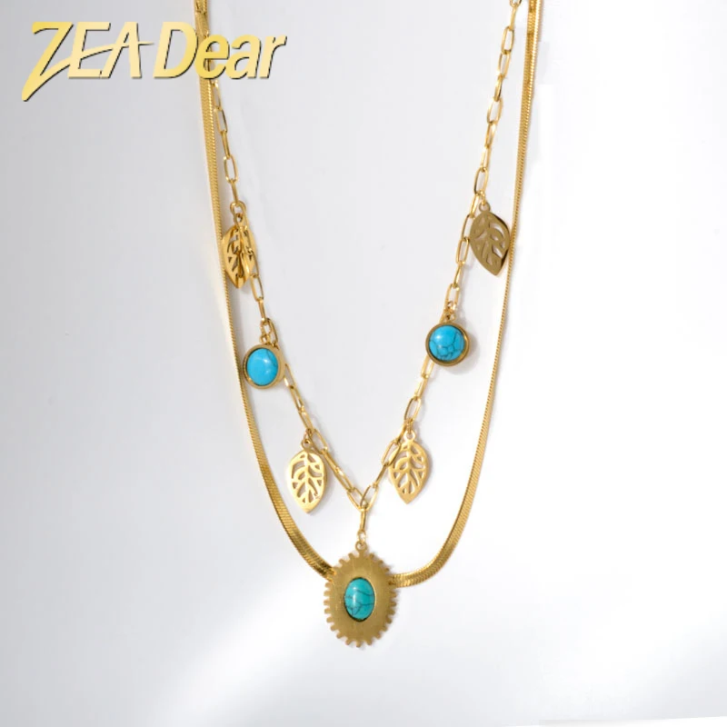 

18k Gold Plated Stainless Steel Necklaces Leaves Turquoise Layering Chokers Necklaces Jewelry For Women