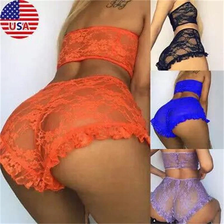 

Womens Lace Underwear Print Heart Shape Printing Transparent Sheer Mesh Dress Sleepwear Sexy Lingerie Set, Black/white/red/orange/blue/purple