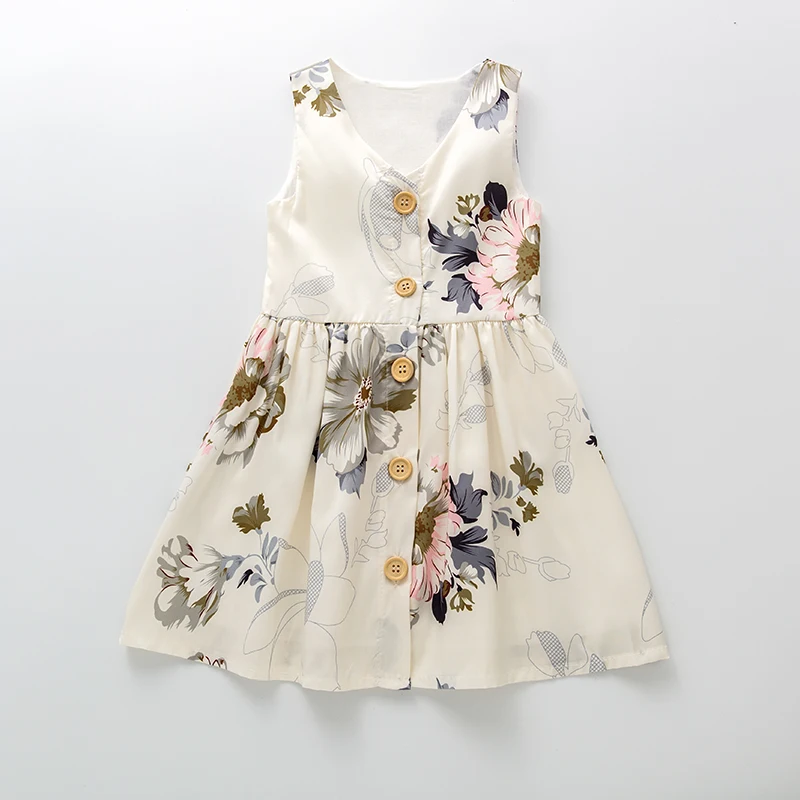 

Ins Cotton Girl Dresses Button Clothes Kids Clothing Floral Printing Dress Sleeveless Dress Of Girls, Picture shows