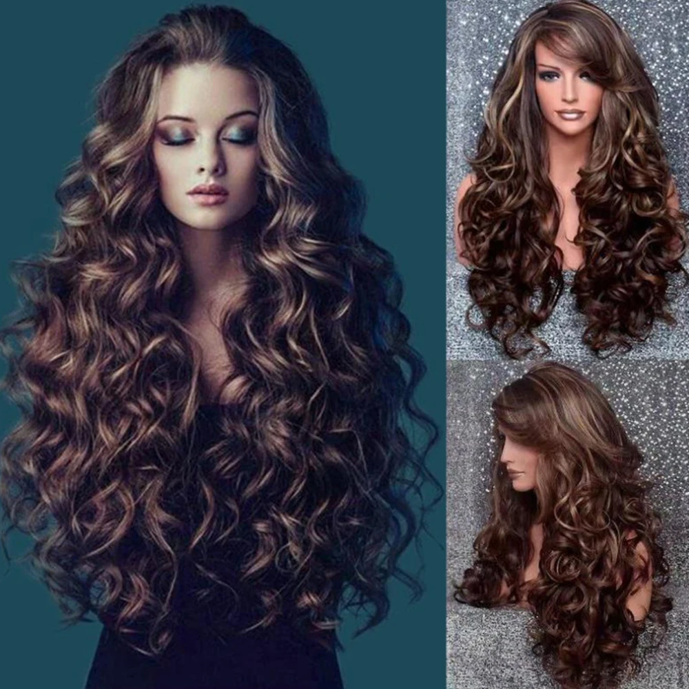 

Whosale cheap highlight non Lace wigs heat resistant long wavy synthetic hair wigs for women