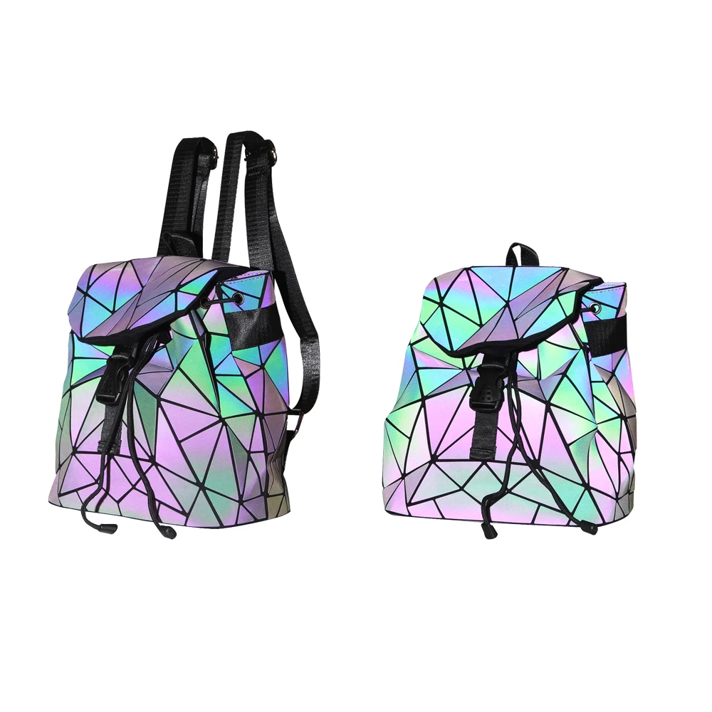 

Fashion Holographic Rucksack Backpack Luminous School Girls Bag Geometric Reflective Custom Backpack Bag Waterproof PU Women