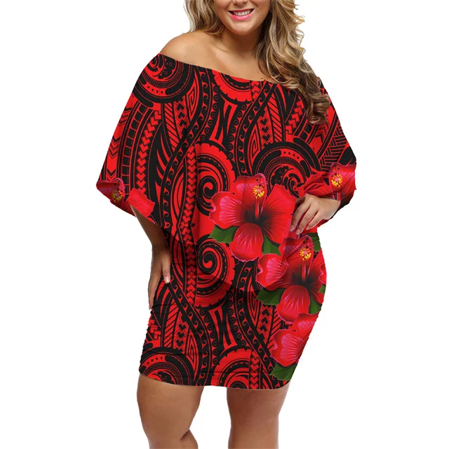 

Gradient Contrast Color Casual Summer Polynesian Tribal Print Mini Tight Wrap Dress Frill Off The Shoulder Short Sleeve Bodycon, Customized color