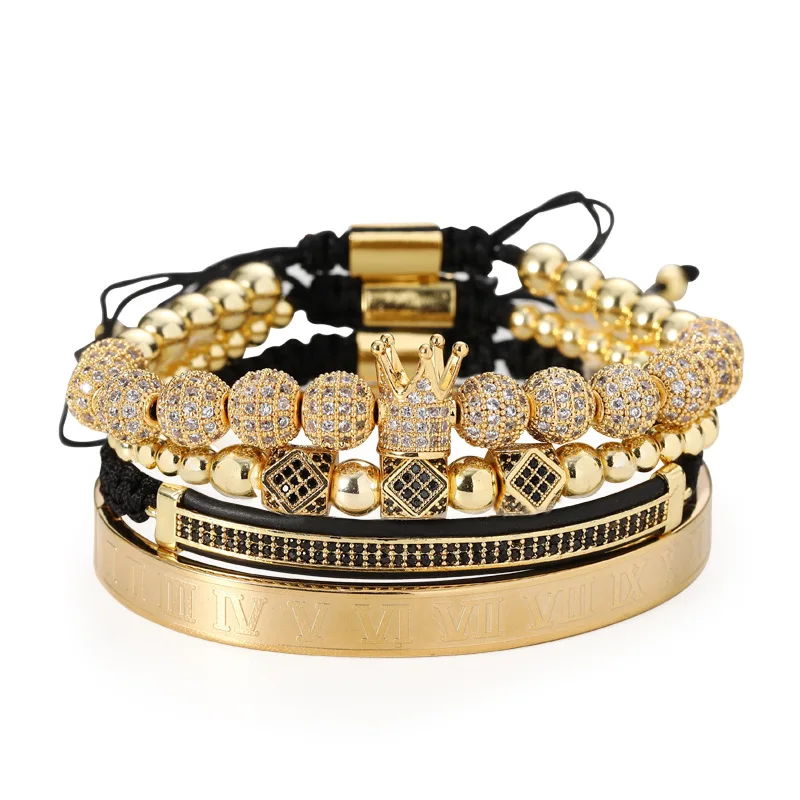 

Men's Luxury 4Pcs/Set Gold Crown Bracelet Roman Numerals Engraved Bangle CZ Ball Braided Men Bracelet 4 Color Charm Bracelet Set, Glod,silver,rose gold,black