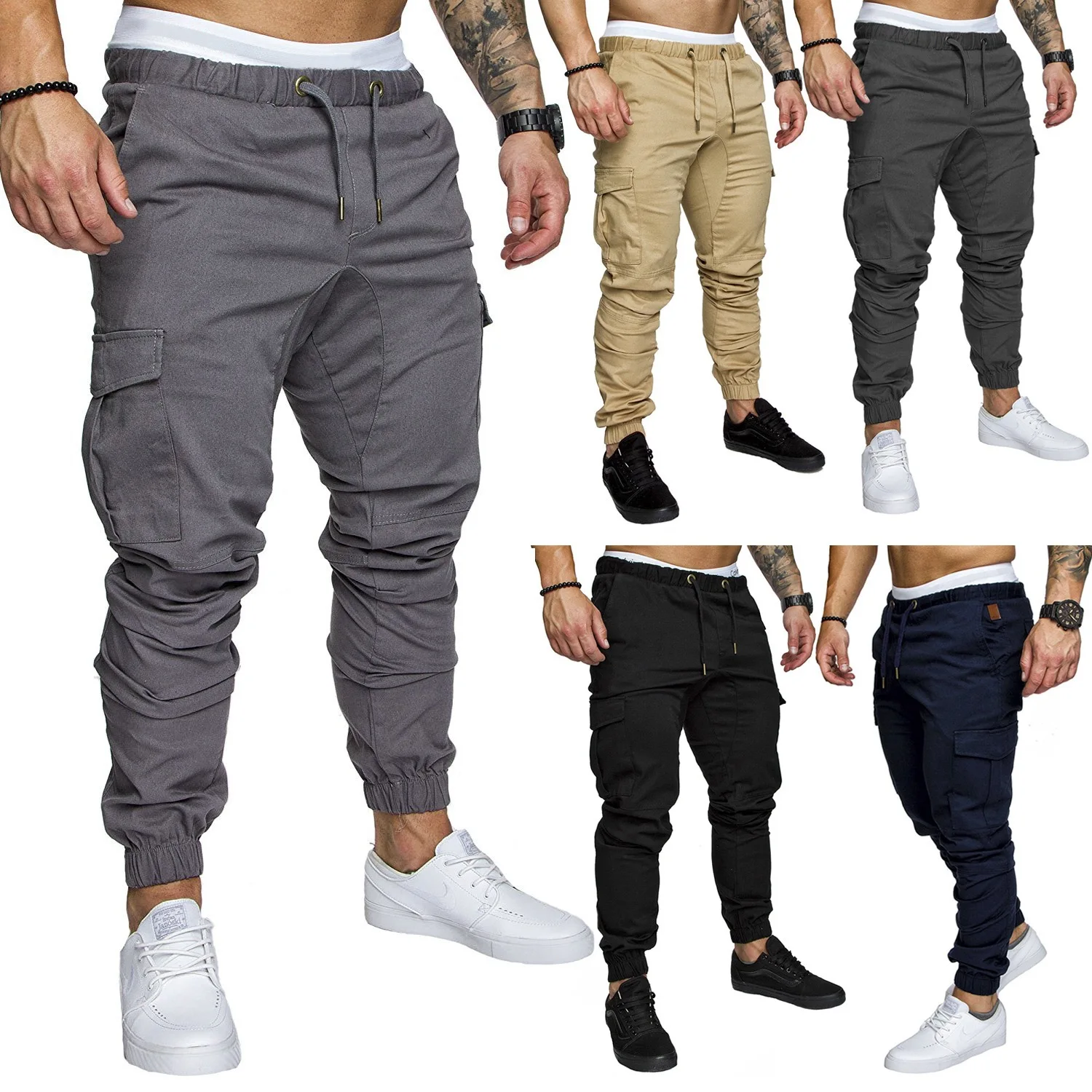 

Men Casual Solid Pocket Cargo Joggers Pants Elastic Long Trousers