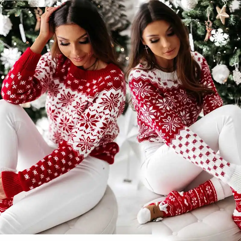 

Wholesale Christmas Snowflake Casual New Funny Acrylic Long Sleeve O-Neck Autumn Winter Warm Knitted Pullover Women's Sweater, Picture showed