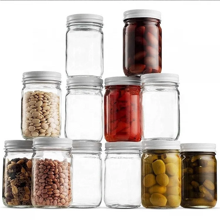 

Food Grade In Bulk 8oz 16oz Metal Lid Wide Mouth Glass Mason Jars Canning Jar For Storage, Clear