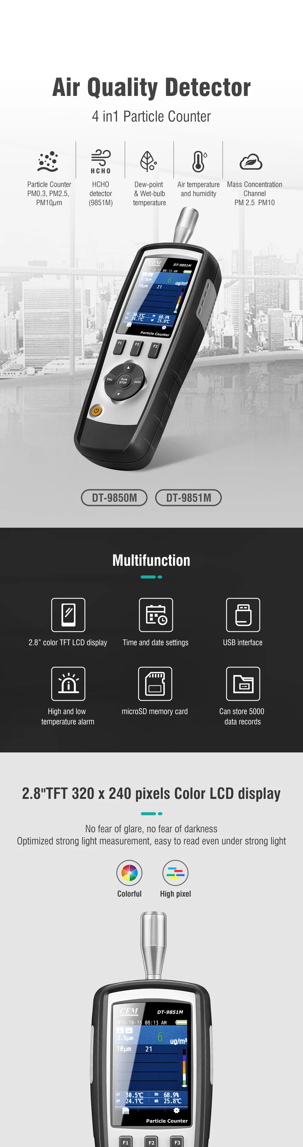 图片关键词 CEM DT-9851M Professional 2.83L/min flow 0.3,2.5,,10um  Air Quality Tester