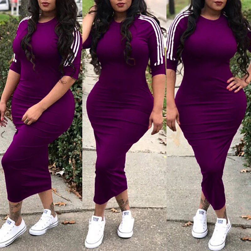 

03058221-New Women Clothes Round Neck Short Sleeve Striped Skinny Solid Color Dress Womens Casual Dresses