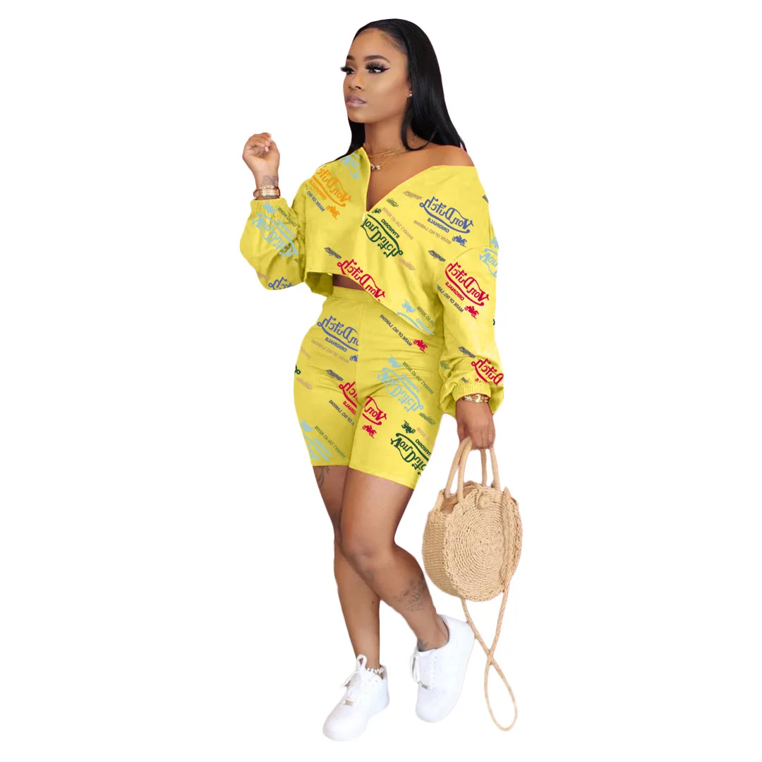

High Quality Custom Logo Women Clothing Plus Size Casual Sexy Printed Off Shoulder Two Piece Short Pants Set, Yellow,black,white,red,pink,light blue