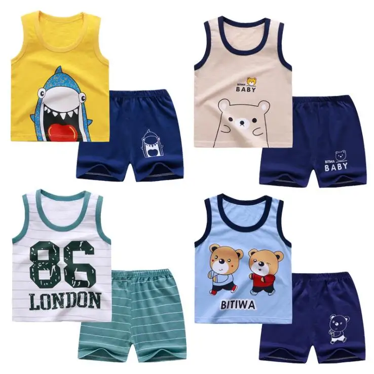 

Wholesale Summer Baby Clothing Sets Children's Vest Suit Cotton Boy Sleeveless Vest With Pants Kids Clothing Sets, 15 colors