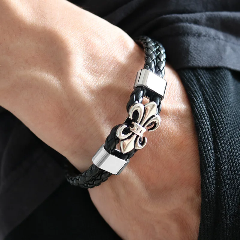 

Vintage Engraved Flower Sword Anchor Alloy stainless steel Bracelet Male Black Braid Leather Bracelet For Men Fashion Jewelry