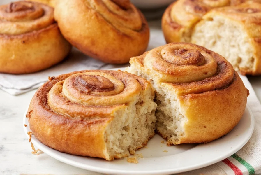 Step-by-step process showing gluten free cinnamon bun dough rolling, filling application, and cutting technique with dental floss