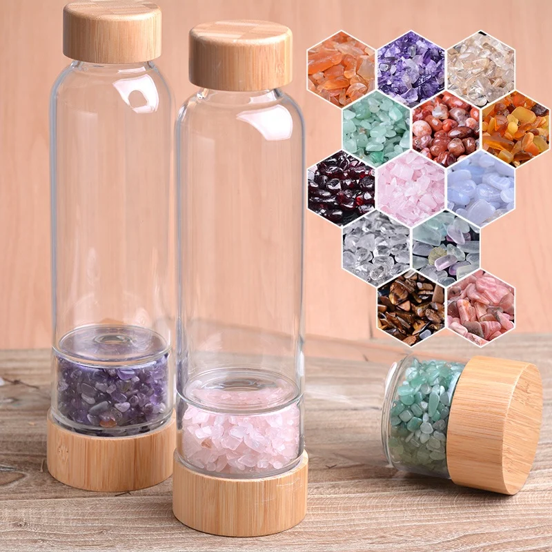 

Whosale Natural Rose Gravel Stone Infused Gemstone Crystal Points Glass Water Bottles with custom logo