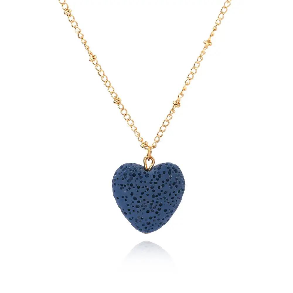 

Long Gold Chain Heart Shape Nature Lava Beads Pendant Necklace, 5 colors