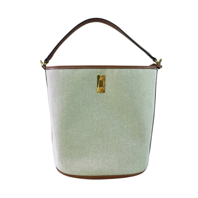

Trendy 2021 New Design Vintage Canvas Genuine Leather Bucket Carrying Large Capacity Women Bag
